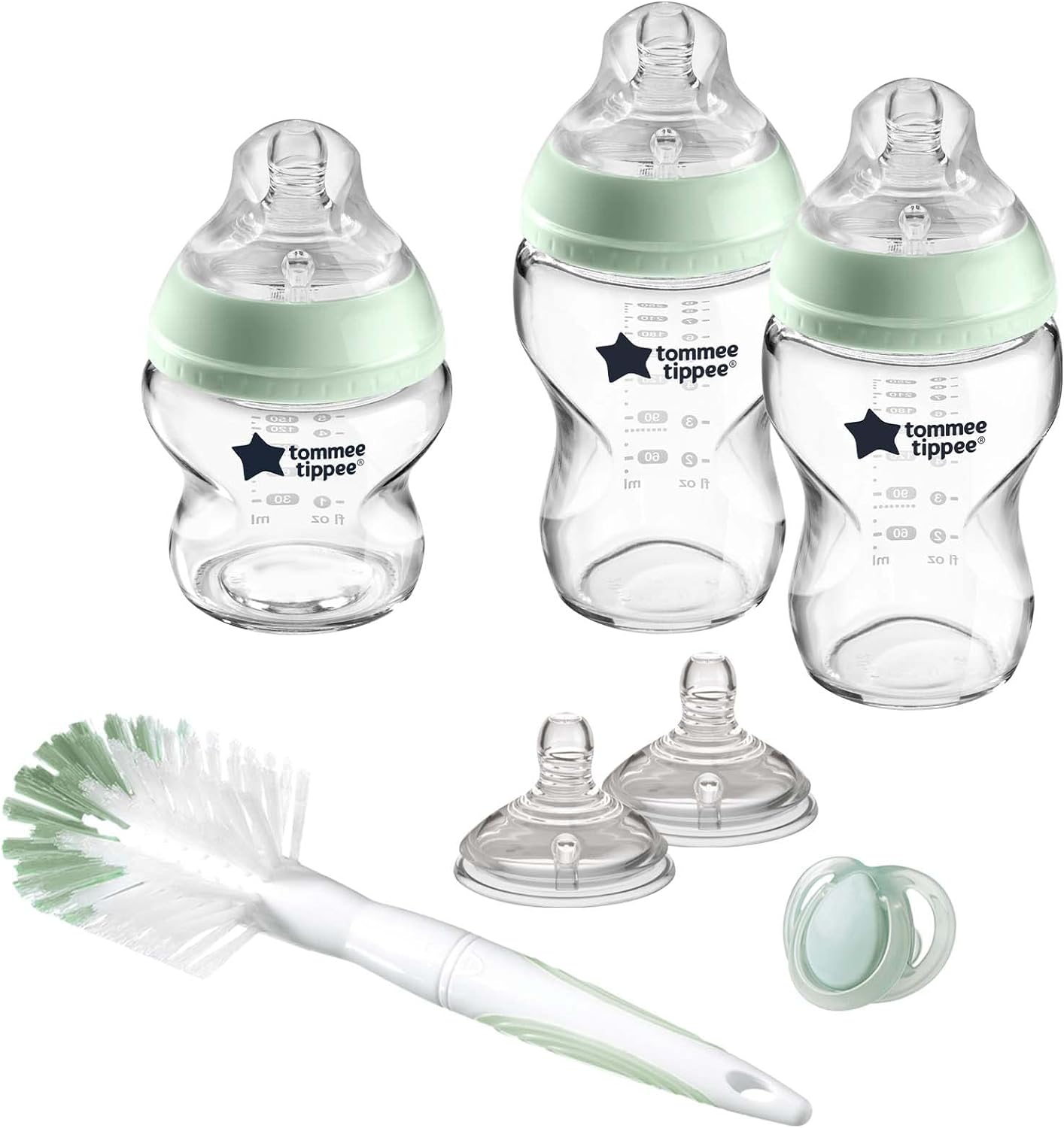 Tommee Tippee skleněná sada - kojenecké láhve C2N s kartáčem a šidítkem