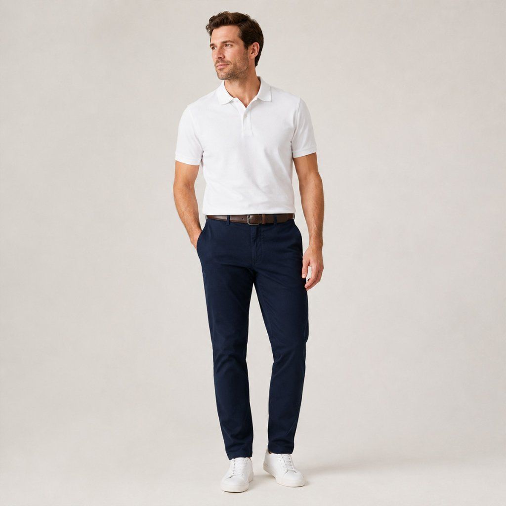 Styling námorníckomodrých chino nohavíc Brook Taverner Leo Navy s bielou košeľou