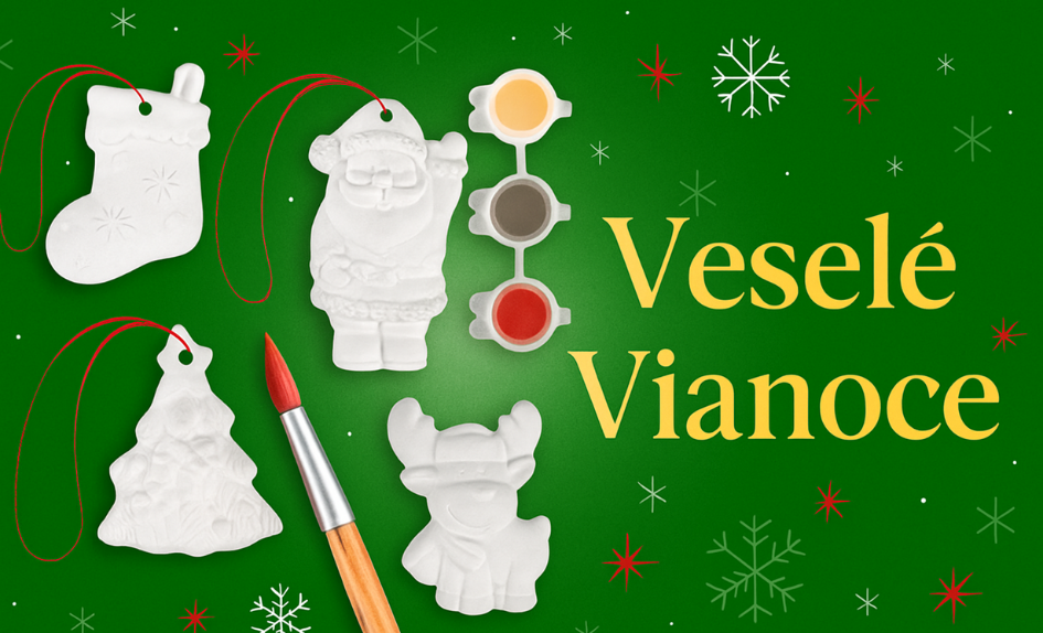 sádrové postavičky s vianočnými motívmi, štetcom a farbami na vymaľovanie