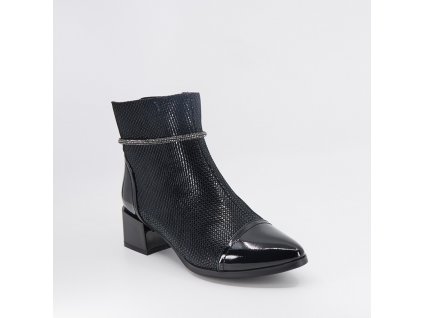 Dámská kožená lakovaná elegantní kotníková obuv na zip s ozdobným páskem v černé barvě EPICA