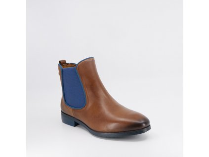 Dámská kožená kotníková obuv s postranním modrým elastickým materiálem v hnědé barvě PIKOLINOS