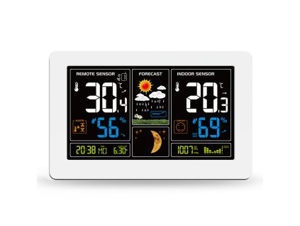 Meteostanice, extra velký barevný LCD, teplota, vlhkost, tlak, RCC, USB nabíjení, bílá