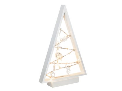 LED dřevěný vánoční stromek s ozdobami, 15LED, přírodní dřevo, 37cm, 2x AA