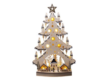 LED dřevěný vánoční stromek s dekoracemi, 23x LED, přírodní barva, 64cm, 2x AA