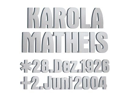 Bronzový nápis Matheis na náhrobek, 4–8 mm