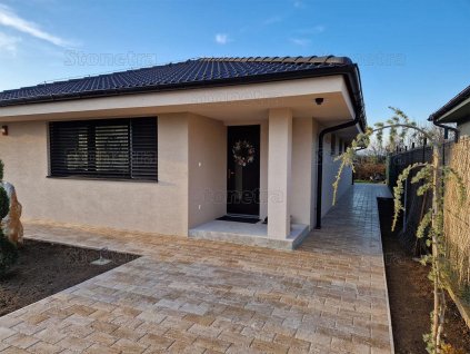 Driveway pavers Travertine Mocca covering the front garage area.