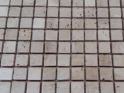 Close-up of square travertine mosaic tiles – Travertine Classic, tumbled 2.3×2.3 cm