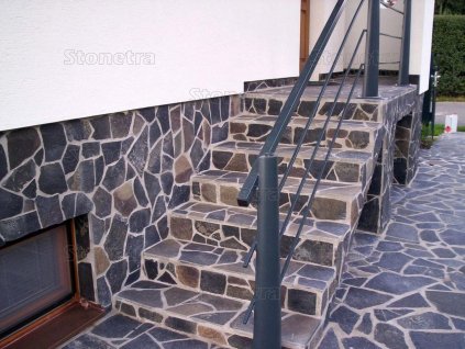Irregular stone Andesite Grey wall cladding and stairs, natural flagstone used for exterior facade and entrance steps.