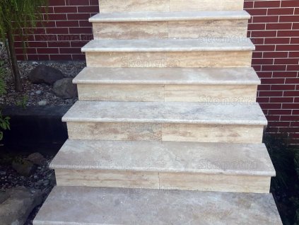 Exterior garden staircase built from cut Travertine Classic window-sill slabs — uniform natural stone steps with straight edges.