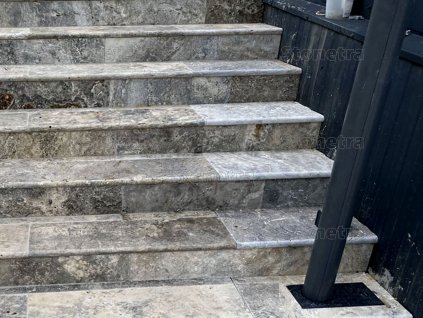 Elegant grey stone staircase with tumbled travertine treads - Travertine Silver cut