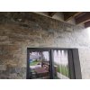 Stone wall cladding Slate Deoli Green around exterior entrance showing natural mix of green and bronze tones.