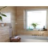 Bathroom tiles Travertine Classic VC surround a large window area with beige travertine for a natural look.
