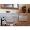 Travertine Classic brick mosaic tiles tumbled finish in warm beige tones for rustic backsplash or bathroom wall tiles.
