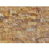 Wall detail of natural stone Travertine Gold mosaic, 2.5×5 cm split face texture.