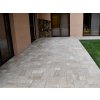 Garden patio slabs Travertine Mocca French pattern creating a natural terrace floor, full perspective.