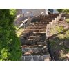 Garden staircase paved with grey irregular stone — Andesite Grey 15–40 cm, 3–5 cm thickness for heavy-duty paving.