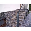 Irregular stone Andesite Grey wall cladding and stairs, natural flagstone used for exterior facade and entrance steps.