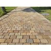 Driveway paved with rectangular Sandstone Camel 20×10 cm castle pavers, 2–4 cm thick, hand-cut edges for a rustic look.