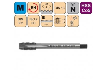 Krátký strojní závitník /CZZ0550/ HSSCo5 pro metrický závit s přímou drážkou a lamačem CZZ