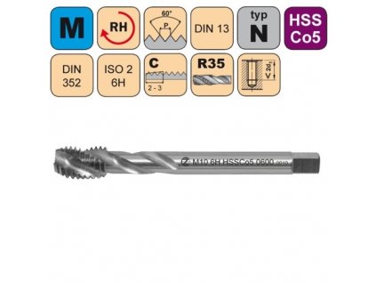 Krátký strojní závitník /CZZ0600/ HSSCo5 pro metrický závit se šroubovitou CZZ
