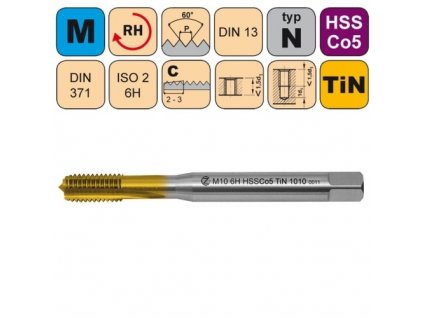 Strojní závitník /CZZ1010/ HSSCo5 pro metrický závit s přímou drážkou CZZ