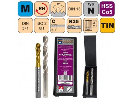 Sada str. závitníku /CZZ2060/HSSCo5 TiN a vrtáku CZ004 HSSCo5 v plastové krabičce CZZ