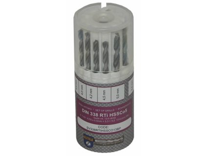 Sada vrtáků 13-dílná 1,50-6,50x0,5mm+3,30+4,20 DIN338RTiHSSCo Lesklá, kulatý obal