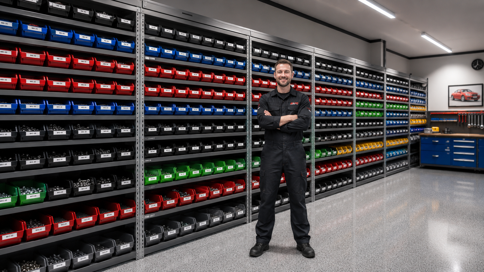 Prehľadný regál s modrými a sivými regálovými boxmi plnými skrutiek, matíc a spojovacieho materiálu – každý box s výhľadovým výrezom ukazuje obsah na prvý pohľad.