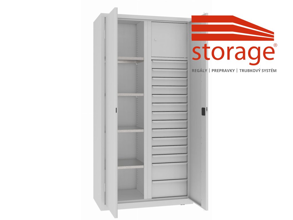 Úschovná skriňa s policami, zásuvkami a boxom MSW 210/5-31 (color_body RAL 7035, svetlošedá, color_door RAL 7035, svetlošedá)