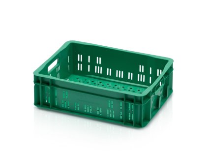 Zelená plastová prepravka na ovocie a zeleninu 40x30x12,5 cm s perforovanými stenami.
