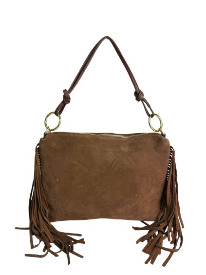 Kožená semišová kabelka s třásněmi hnědá