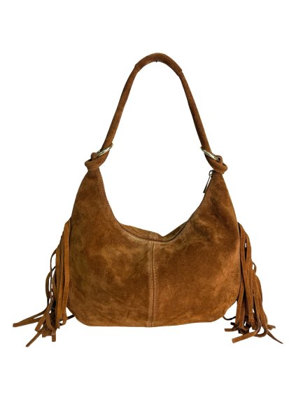 Kožená semišová kabelka gondola s třásněmi koňakově hnědá