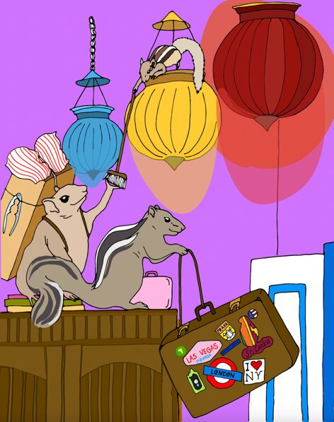 Ilustrace z knihy – veverky v lampě Ilustrace z knihy – veverky v lampě