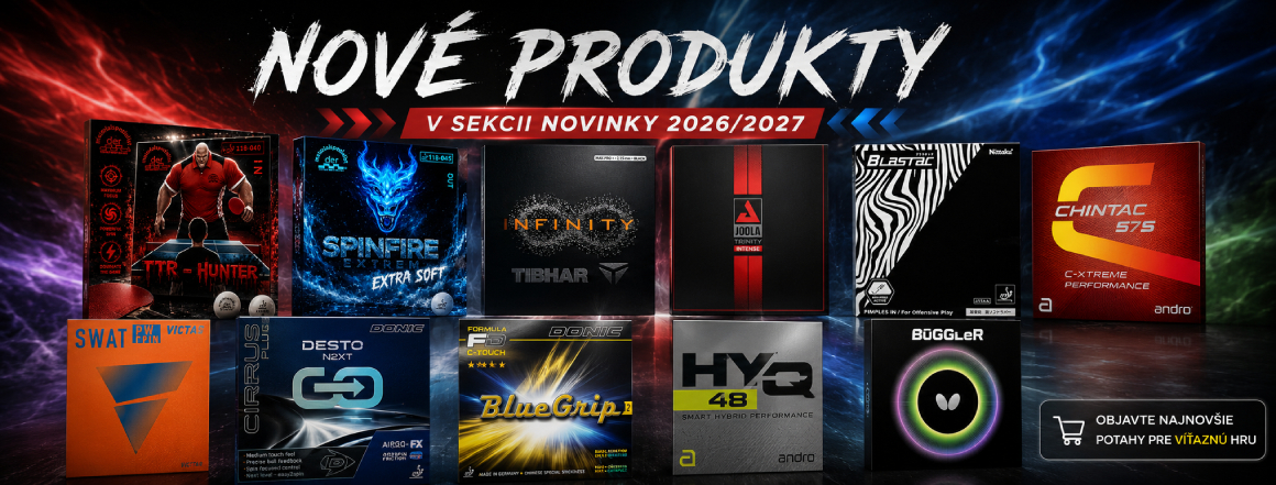 Nové poťahy na stolný tenis 2026/2027 – Donic, Tibhar, Butterfly, Andro, Victas, Nittaku, Joola a ďalšie novinky pre hráčov stolného tenisu.