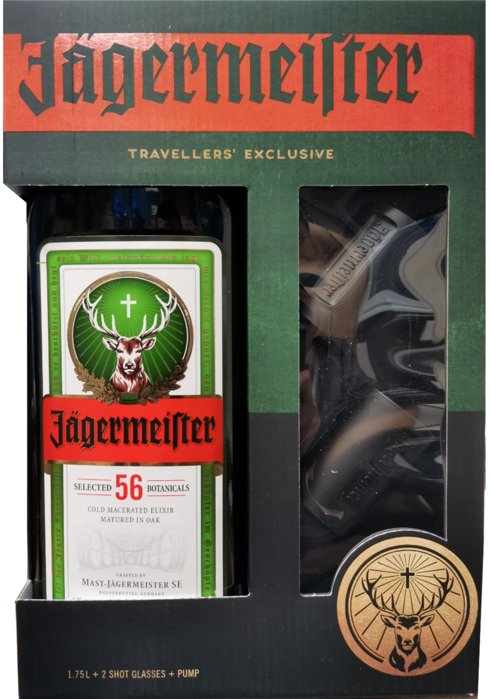 Jagermeister Party Pack 1,7 a pumpičkou 35% 1,75l (Holá láhev + pumpička)
