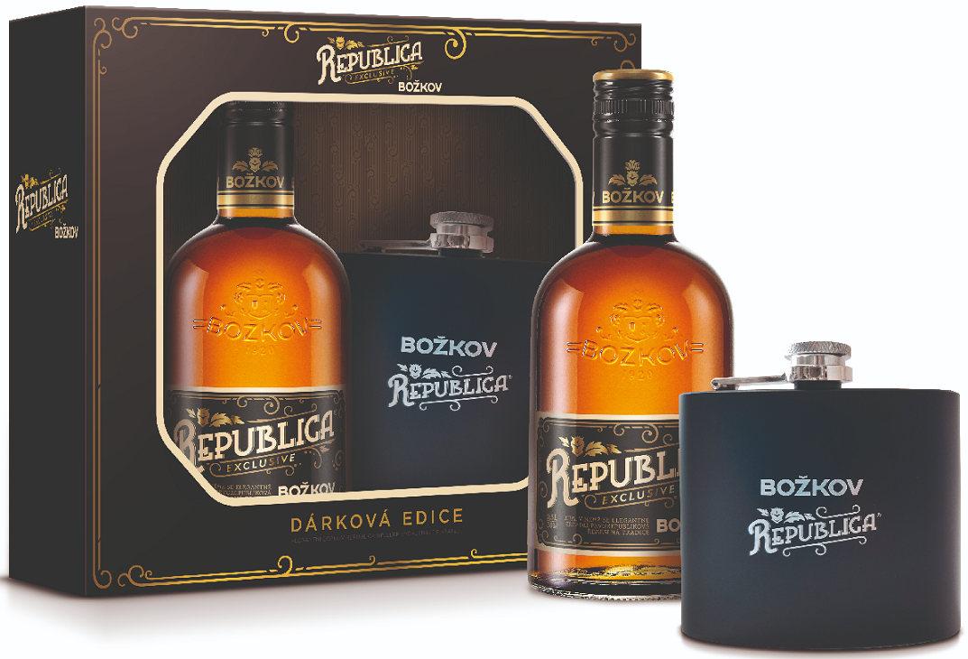 Božkov Republica Exclusive + placatka 38% 0,5l (dárkové balení placatka)