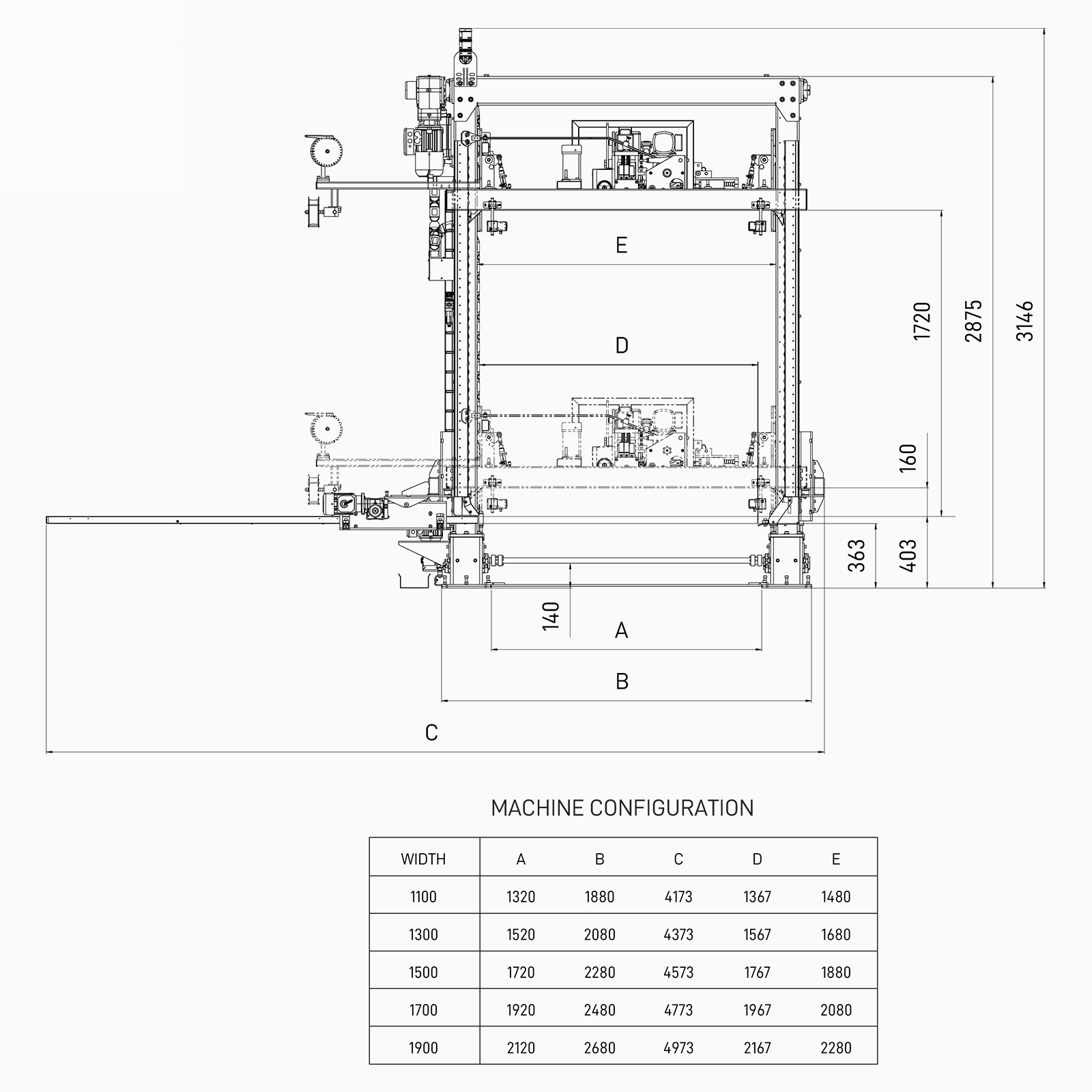 Vertical Strapper L-LV – čelný rozmerový výkres