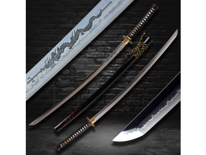 katana dragon spear horimono T-10 Carbon Steel, Real Choji Clover-Tree Flower Hamon, Yokote