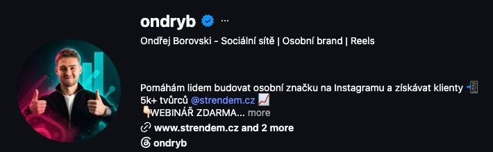 Snímek skutečného Instagram profilu @ondryb: Ondřej Borovski, ověřený profil.