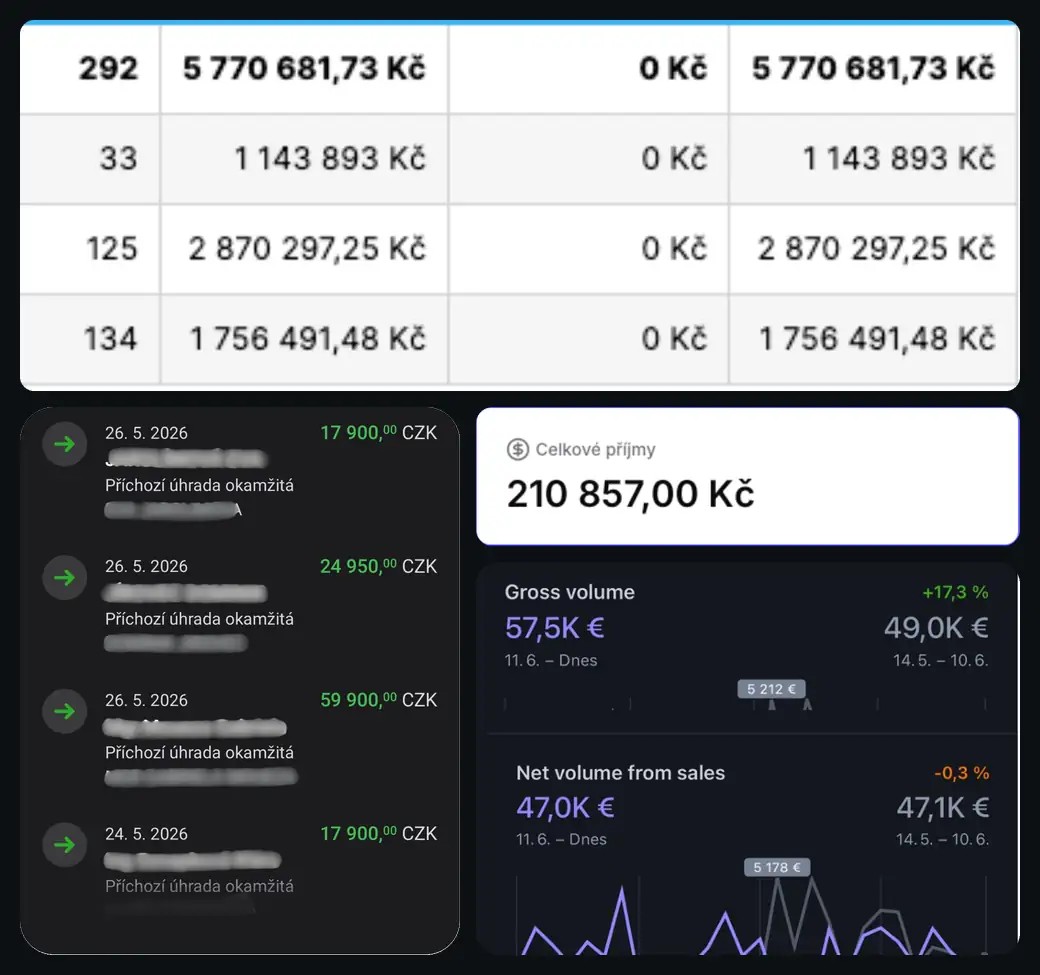 Přehledy Ondřejových příjmů a příchozích plateb