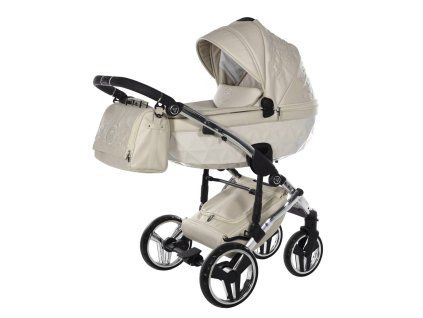 Front view of Junama Enzo Beige stroller with sculpted carrycot design