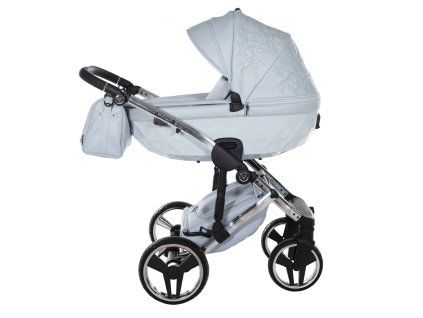 Elegant side profile of Junama Enzo Blue stroller in soft beige finish