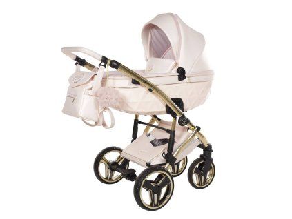 Front view of Junama Candy Premium Pearl stroller with carrycot attached