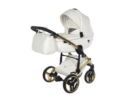 Junama Fluo Line V3 Individual White Gold premium stroller front view with gold finish