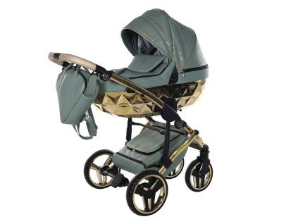 Junama Hearts Green Gold premium stroller front view with gold finish