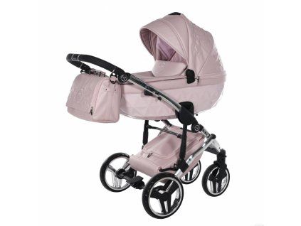 Front view of Junama Enzo Pink stroller featuring the structured carrycot design
