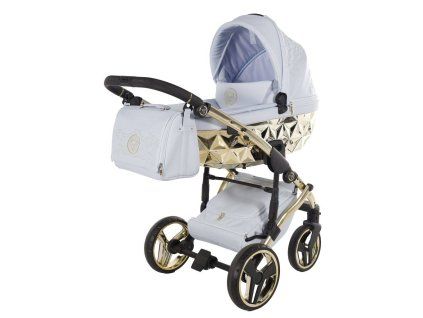 Front view of Junama Enzo Blue Gold stroller with sculpted carrycot design
