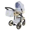 Front view of Junama Enzo Blue Gold stroller with sculpted carrycot design