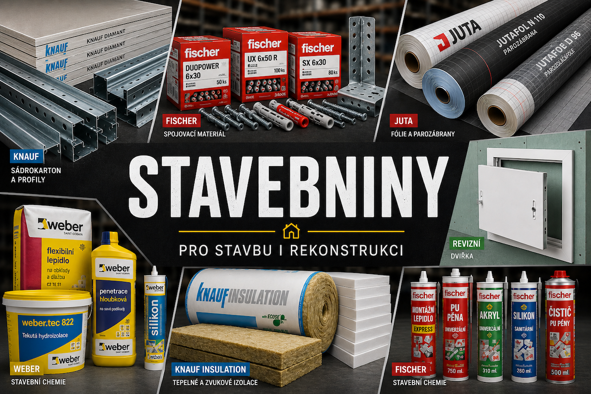 Kompletní stavebniny pro stavbu i rekonstrukci. Sádrokarton, SDK profily, stavební chemie, hydroizolace, fólie, izolace, revizní dvířka a další materiály skladem.