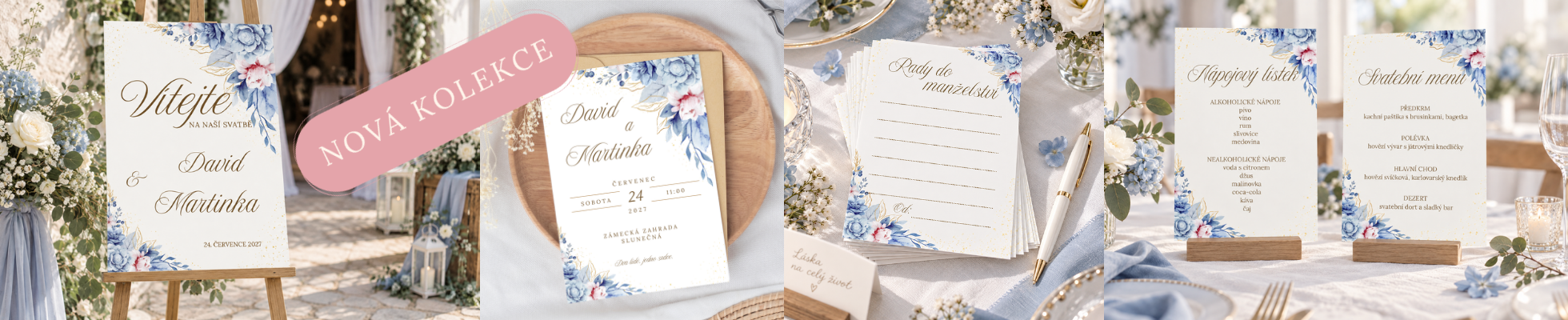 Svatební uvítací cedule, svatební oznámení, rady do manželství, nápojový lístek, svatební menu